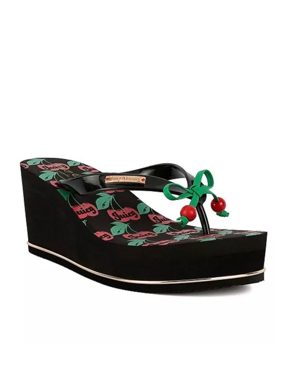 Juicy Couture Shoes - NWT Juicy Couture Black Wedge Flip Flops with Red Cherry Accents